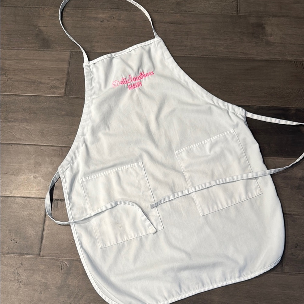 White Apron with Pink Embroidery